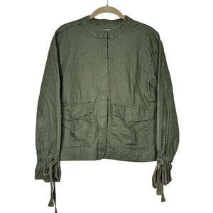 Caslon Utility Jacket sz S Olive Green Linen Tie Sleeve Pockets Lightweight Snap